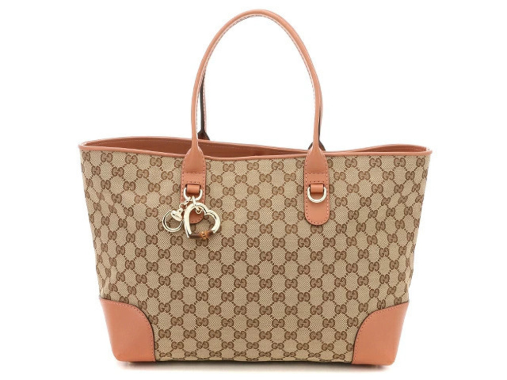 Gucci Heart Bit Tote Bag GG Canvas Beige Cream x Pink